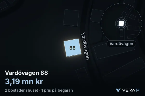 VERA PI's image of Vardövägen 88: the building in 3D, lit in blue, and the map around it