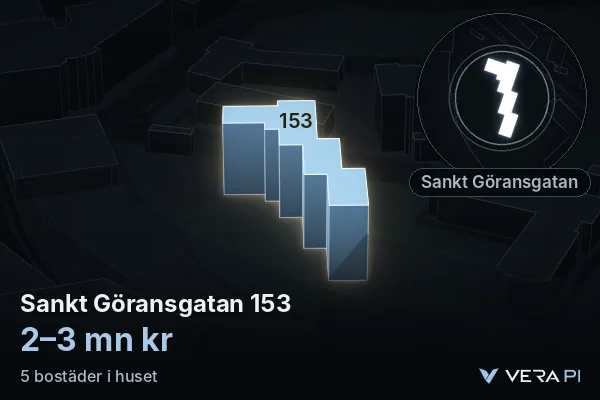 VERA PI:s bild av Sankt Göransgatan 153: huset i 3D, upplyst i blått, och kartan runt omkring