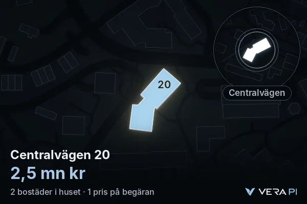 VERA PI:s bild av Centralvägen 20: huset i 3D, upplyst i blått, och kartan runt omkring