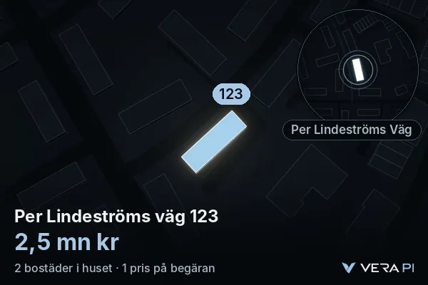 VERA PI:s bild av Per Lindeströms väg 123: huset i 3D, upplyst i blått, och kartan runt omkring