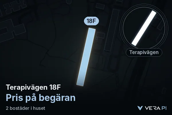 VERA PI:s bild av Terapivägen 18F: huset i 3D, upplyst i blått, och kartan runt omkring