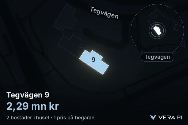 VERA PI's image of Tegvägen 9: the building in 3D, lit in blue, and the map around it