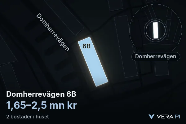 VERA PI:s bild av Domherrevägen 6B: huset i 3D, upplyst i blått, och kartan runt omkring