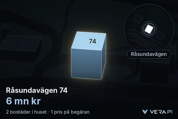 VERA PI:s bild av Råsundavägen 74: huset i 3D, upplyst i blått, och kartan runt omkring