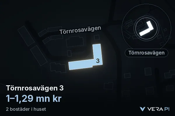 VERA PI's image of Törnrosavägen 3: the building in 3D, lit in blue, and the map around it
