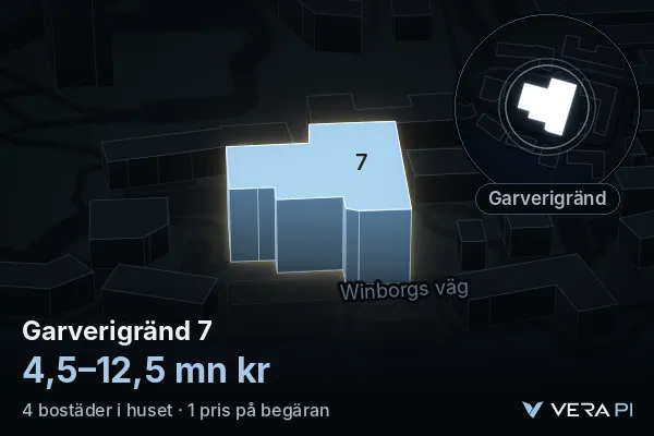 VERA PI:s bild av Garverigränd 7: huset i 3D, upplyst i blått, och kartan runt omkring