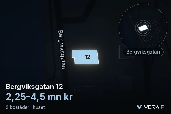 VERA PI's image of Bergviksgatan 12: the building in 3D, lit in blue, and the map around it