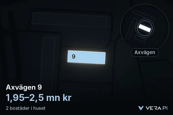 VERA PI's image of Axvägen 9: the building in 3D, lit in blue, and the map around it