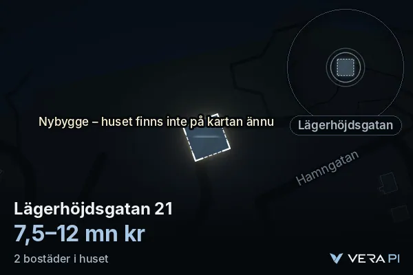 VERA PI's image of Lägerhöjdsgatan 21: the building in 3D, lit in blue, and the map around it