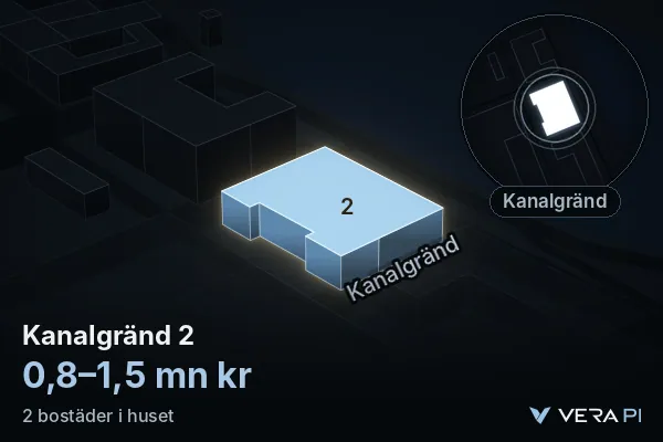 VERA PI:s bild av Kanalgränd 2: huset i 3D, upplyst i blått, och kartan runt omkring