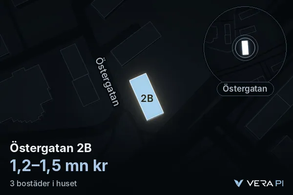 VERA PI's image of Östergatan 2B: the building in 3D, lit in blue, and the map around it