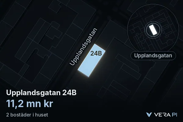 VERA PI's image of Upplandsgatan 24B: the building in 3D, lit in blue, and the map around it