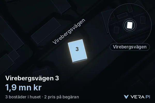 VERA PI's image of Virebergsvägen 3: the building in 3D, lit in blue, and the map around it