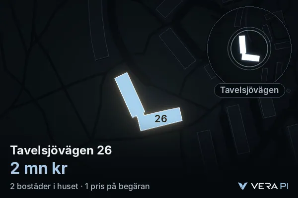 VERA PI:s bild av Tavelsjövägen 26: huset i 3D, upplyst i blått, och kartan runt omkring