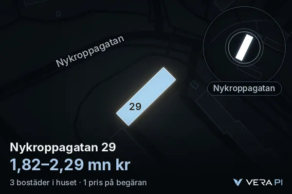 VERA PI:s bild av Nykroppagatan 29: huset i 3D, upplyst i blått, och kartan runt omkring