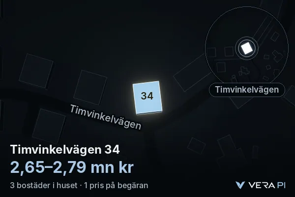 VERA PI's image of Timvinkelvägen 34: the building in 3D, lit in blue, and the map around it