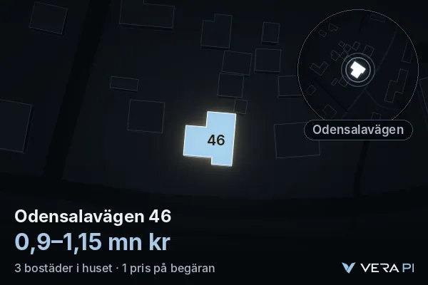 VERA PI's image of Odensalavägen 46: the building in 3D, lit in blue, and the map around it