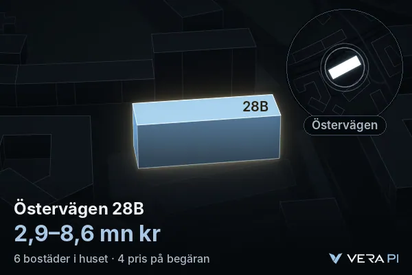 VERA PI:s bild av Östervägen 28B: huset i 3D, upplyst i blått, och kartan runt omkring
