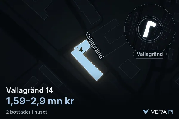 VERA PI:s bild av Vallagränd 14: huset i 3D, upplyst i blått, och kartan runt omkring