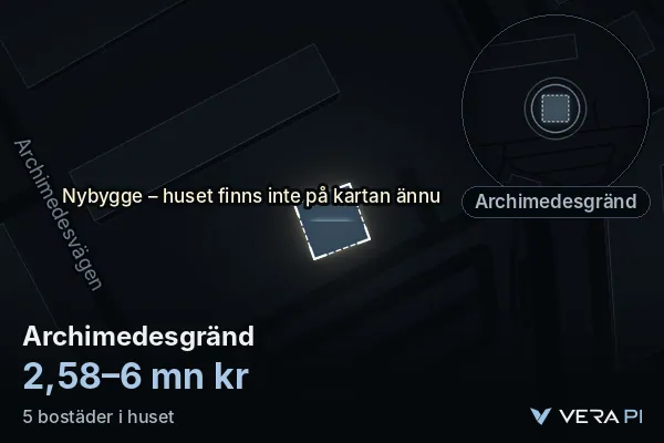 VERA PI:s bild av Archimedesgränd: huset i 3D, upplyst i blått, och kartan runt omkring