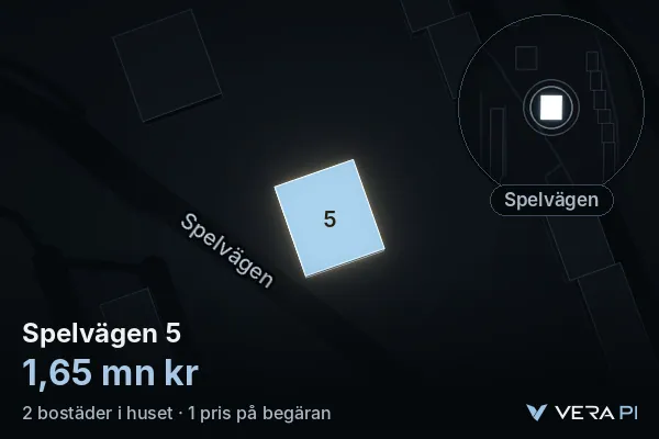 VERA PI's image of Spelvägen 5: the building in 3D, lit in blue, and the map around it