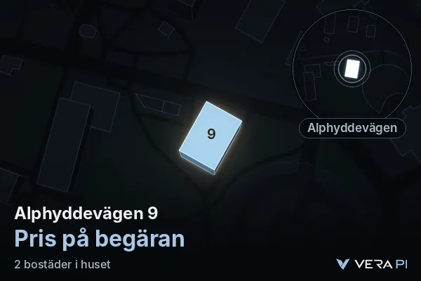 VERA PI:s bild av Alphyddevägen 9: huset i 3D, upplyst i blått, och kartan runt omkring