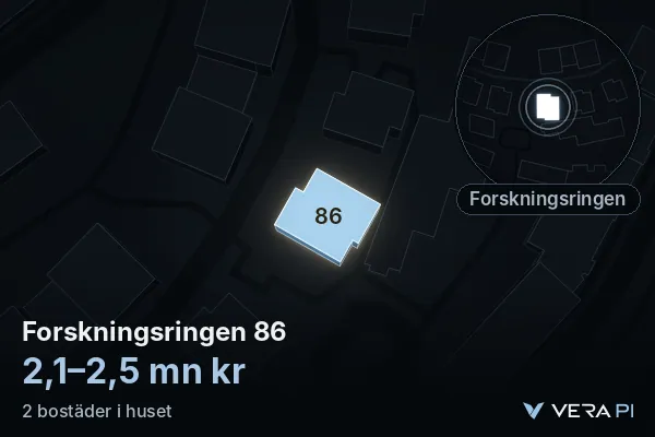 VERA PI:s bild av Forskningsringen 86: huset i 3D, upplyst i blått, och kartan runt omkring