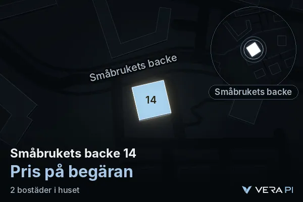 VERA PI:s bild av Småbrukets backe 14: huset i 3D, upplyst i blått, och kartan runt omkring