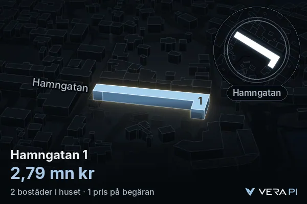 VERA PI:s bild av Hamngatan 1: huset i 3D, upplyst i blått, och kartan runt omkring
