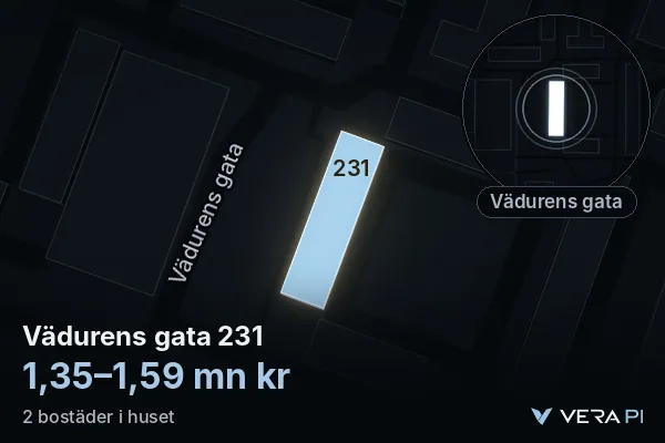 VERA PI's image of Vädurens gata 231: the building in 3D, lit in blue, and the map around it