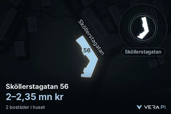 VERA PI's image of Sköllerstagatan 56: the building in 3D, lit in blue, and the map around it