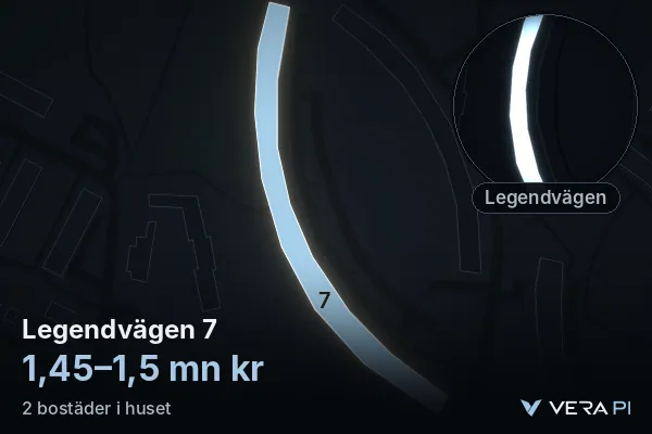 VERA PI's image of Legendvägen 7: the building in 3D, lit in blue, and the map around it