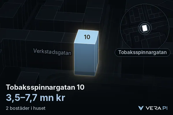 VERA PI:s bild av Tobaksspinnargatan 10: huset i 3D, upplyst i blått, och kartan runt omkring