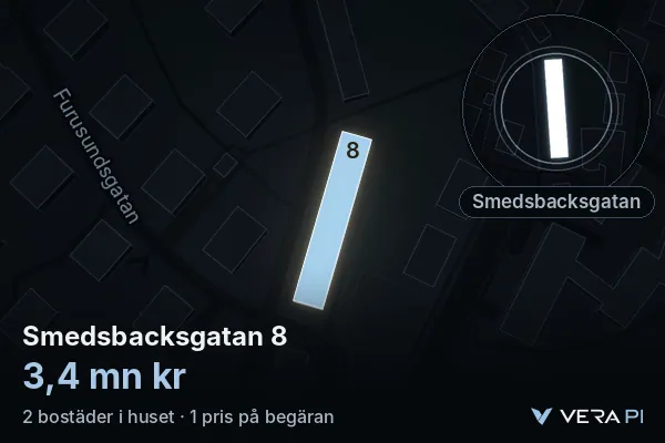 VERA PI's image of Smedsbacksgatan 8: the building in 3D, lit in blue, and the map around it