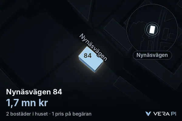 VERA PI:s bild av Nynäsvägen 84: huset i 3D, upplyst i blått, och kartan runt omkring