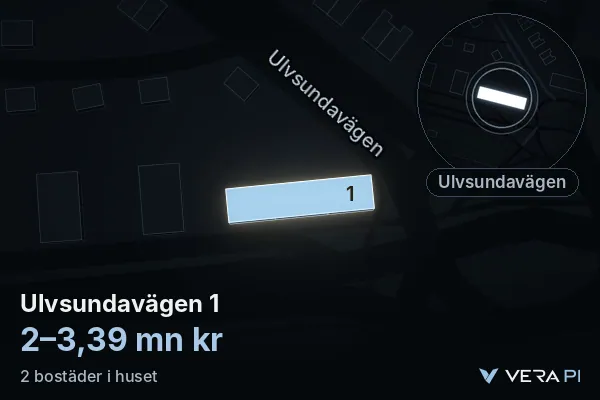 VERA PI:s bild av Ulvsundavägen 1: huset i 3D, upplyst i blått, och kartan runt omkring