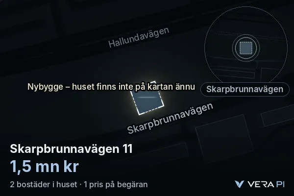 VERA PI's image of Skarpbrunnavägen 11: the building in 3D, lit in blue, and the map around it