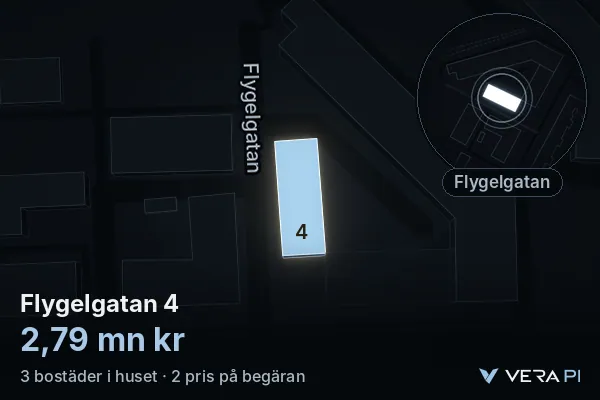 VERA PI's image of Flygelgatan 4: the building in 3D, lit in blue, and the map around it
