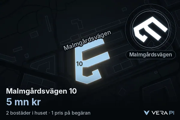 VERA PI:s bild av Malmgårdsvägen 10: huset i 3D, upplyst i blått, och kartan runt omkring
