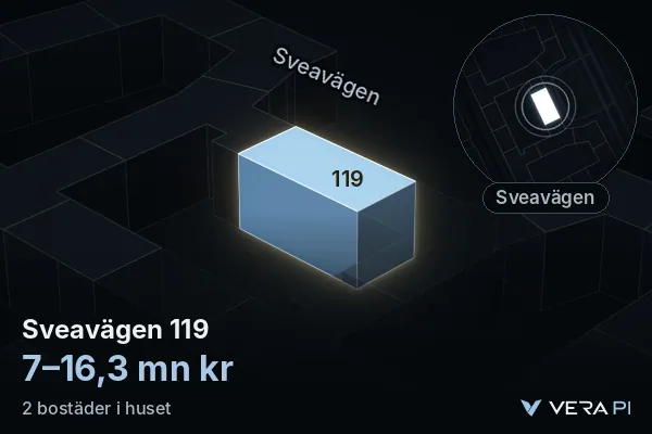 VERA PI's image of Sveavägen 119: the building in 3D, lit in blue, and the map around it