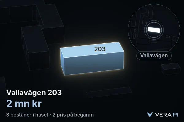 VERA PI:s bild av Vallavägen 203: huset i 3D, upplyst i blått, och kartan runt omkring