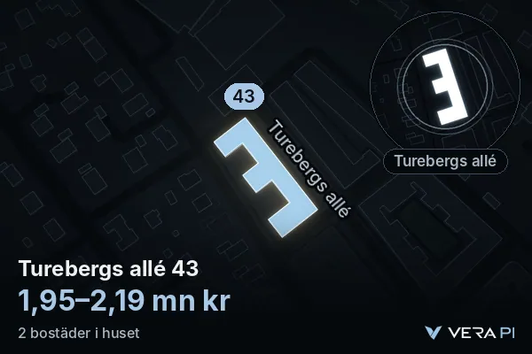 VERA PI's image of Turebergs allé 43: the building in 3D, lit in blue, and the map around it
