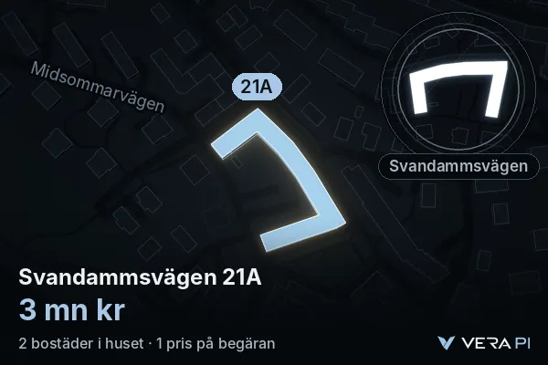 VERA PI:s bild av Svandammsvägen 21A: huset i 3D, upplyst i blått, och kartan runt omkring