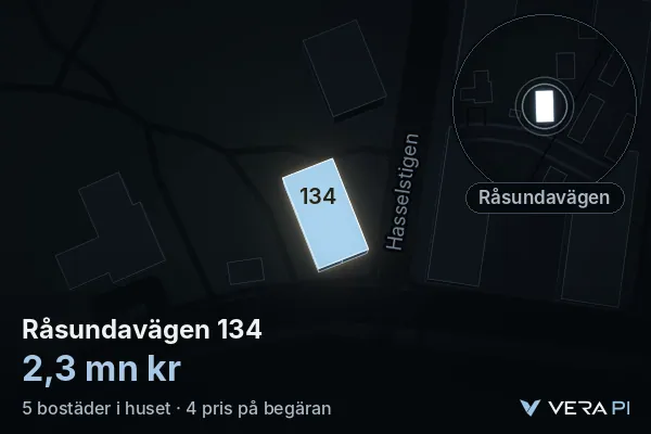 VERA PI's image of Råsundavägen 134: the building in 3D, lit in blue, and the map around it