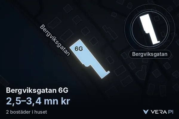VERA PI's image of Bergviksgatan 6G: the building in 3D, lit in blue, and the map around it