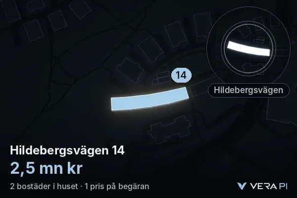 VERA PI's image of Hildebergsvägen 14: the building in 3D, lit in blue, and the map around it