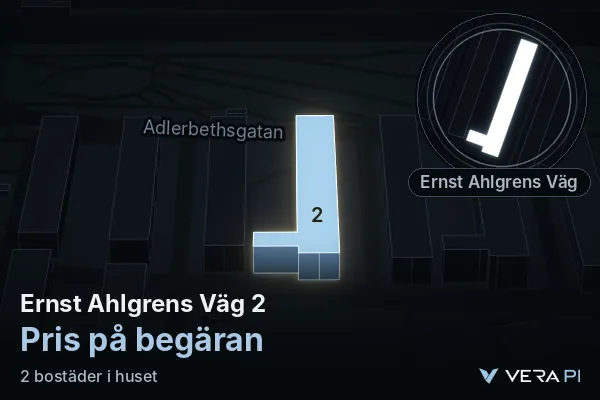 VERA PI:s bild av Ernst Ahlgrens Väg 2: huset i 3D, upplyst i blått, och kartan runt omkring