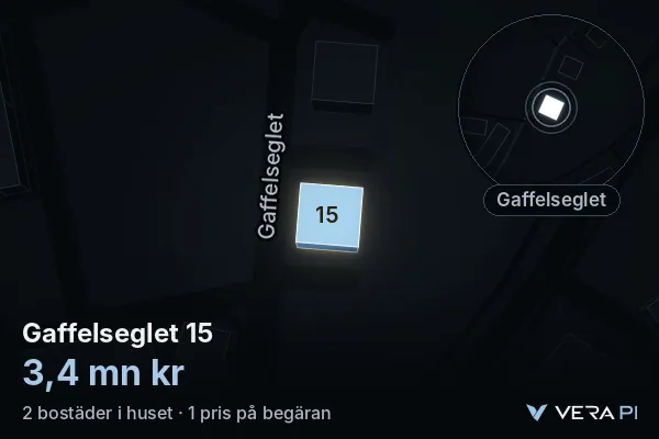 VERA PI:s bild av Gaffelseglet 15: huset i 3D, upplyst i blått, och kartan runt omkring