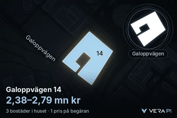 VERA PI's image of Galoppvägen 14: the building in 3D, lit in blue, and the map around it