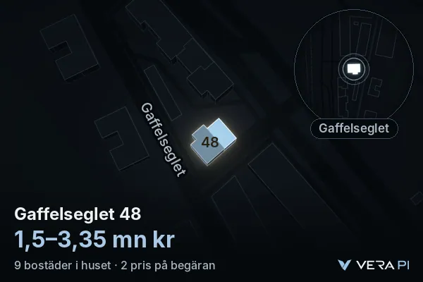 VERA PI's image of Gaffelseglet 48: the building in 3D, lit in blue, and the map around it